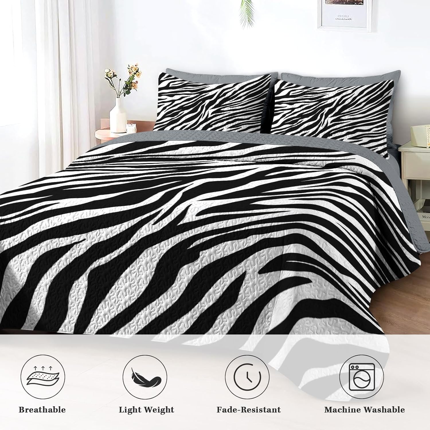 Quilt Set Full/Queen Size, Zebra Stripe Animal 3 Pcs Soft Bed Cover Bedding Set for Kids and Adults, Black White Lightweight Bedspread Coverlet with Pillow Sham for All Season