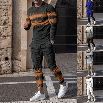 Mens 2 Piece Outfits Sports Tracksuit Sets Long Sleeve Slim Muscle T ...