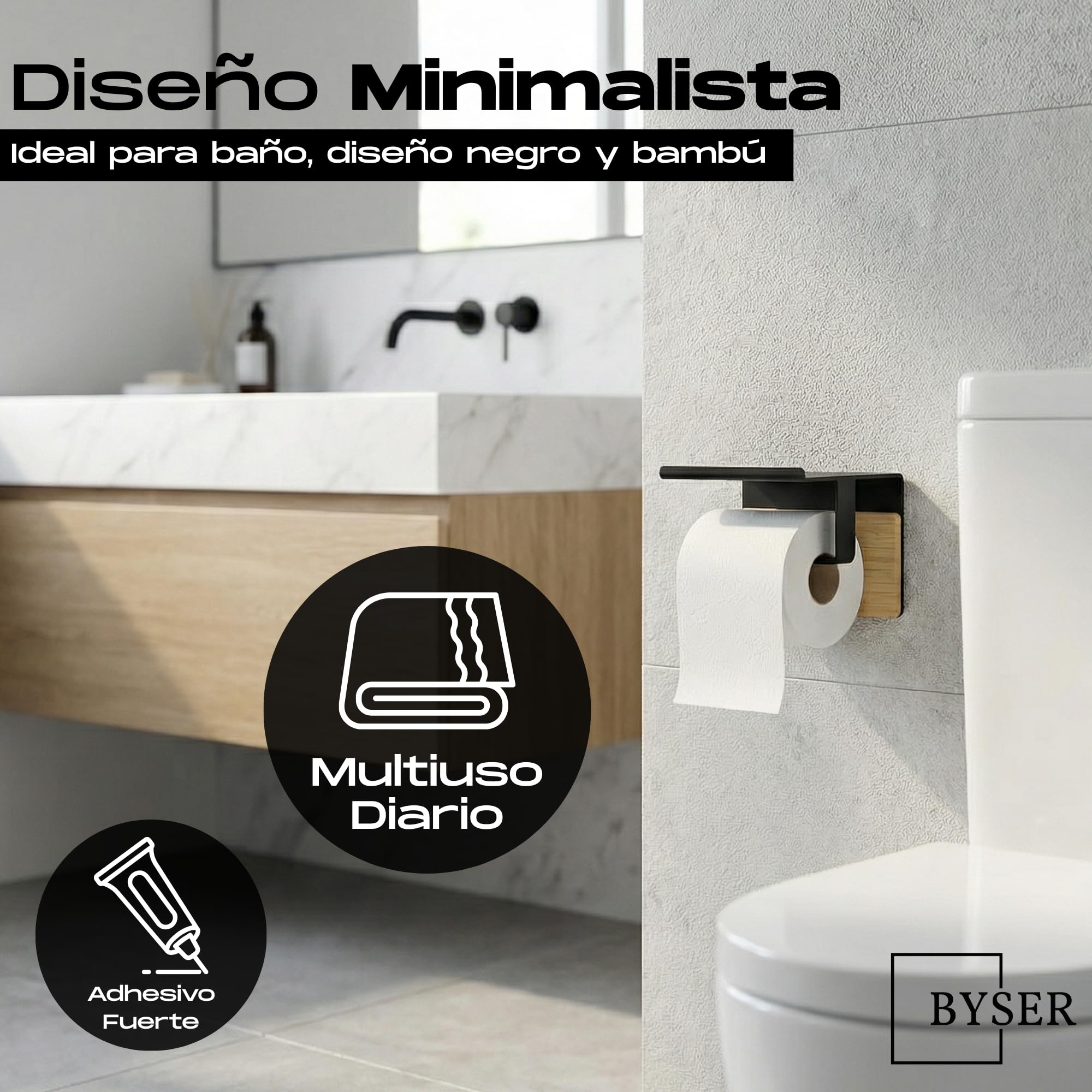 BYSER Portarrollos Papel Higienico Adhesivo con Repisa + 2 Ganchos. De Acero Inoxidable Negro y Bambú. Soporte para Papel Higienico Pared sin Taladro, con Accesorios Baño Modernos - 2