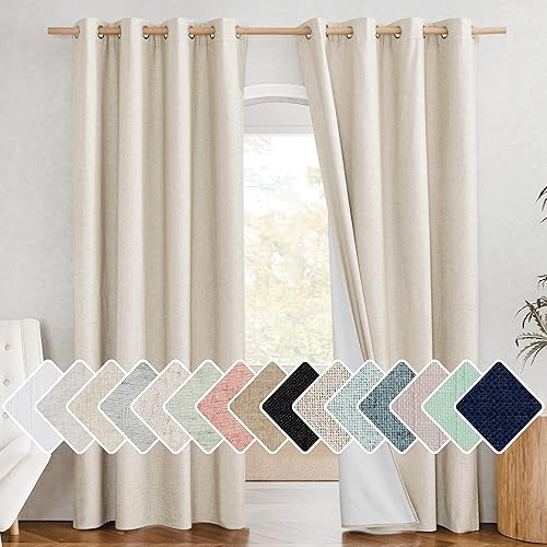 NICETOWN Cortinas de lino 100% absolutamente opacas con forro blanco aislado térmico, 52 pulgadas de ancho, 2 paneles, cortinas de 84 pulgadas de