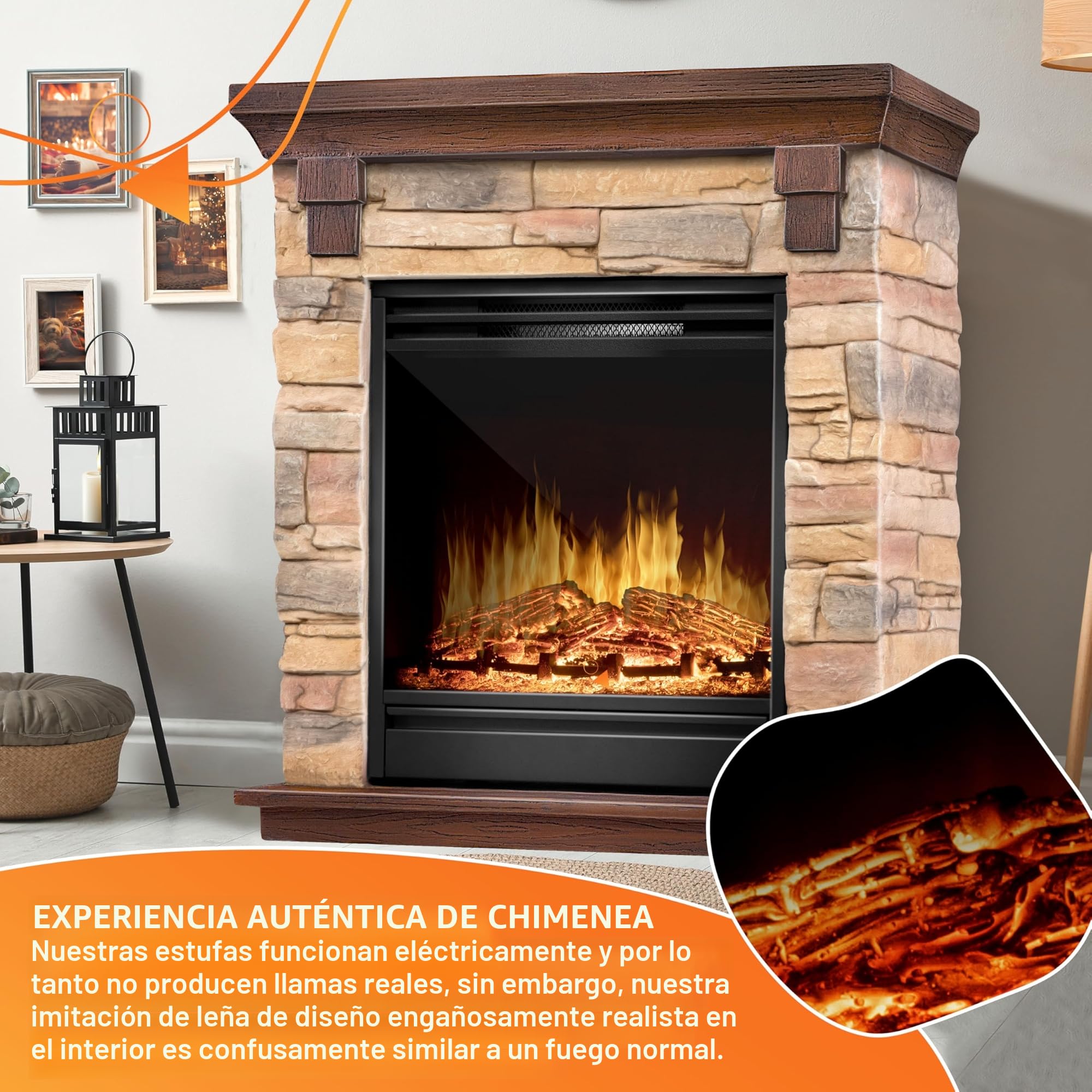 KESSER® Chimenea eléctrica - Chimenea eléctrica con Efecto de Llama LED 3D, con función de calefacción, Chimenea eléctrica con 1800W de Potencia, Temporizador semanal, Natural/Marrón