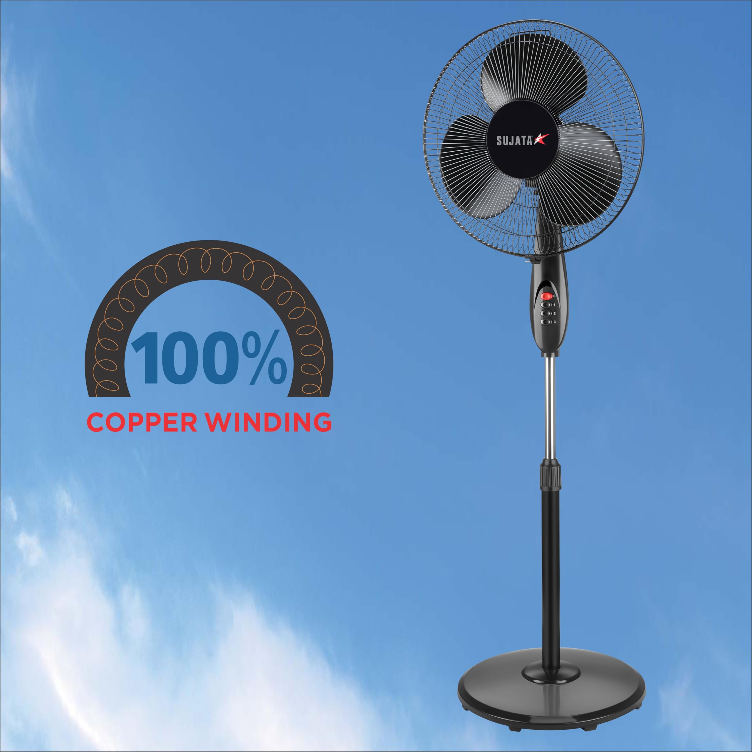 Sujata Premium Pedestal Fan 400mm | 2 Year Warranty | Stand Fan for Home | 1350 RPM | 100% Copper Winding Motor | Oscillating Pedestal Fan with High Air Delivery | 3 Speed Control (SPF09 - Black) 1