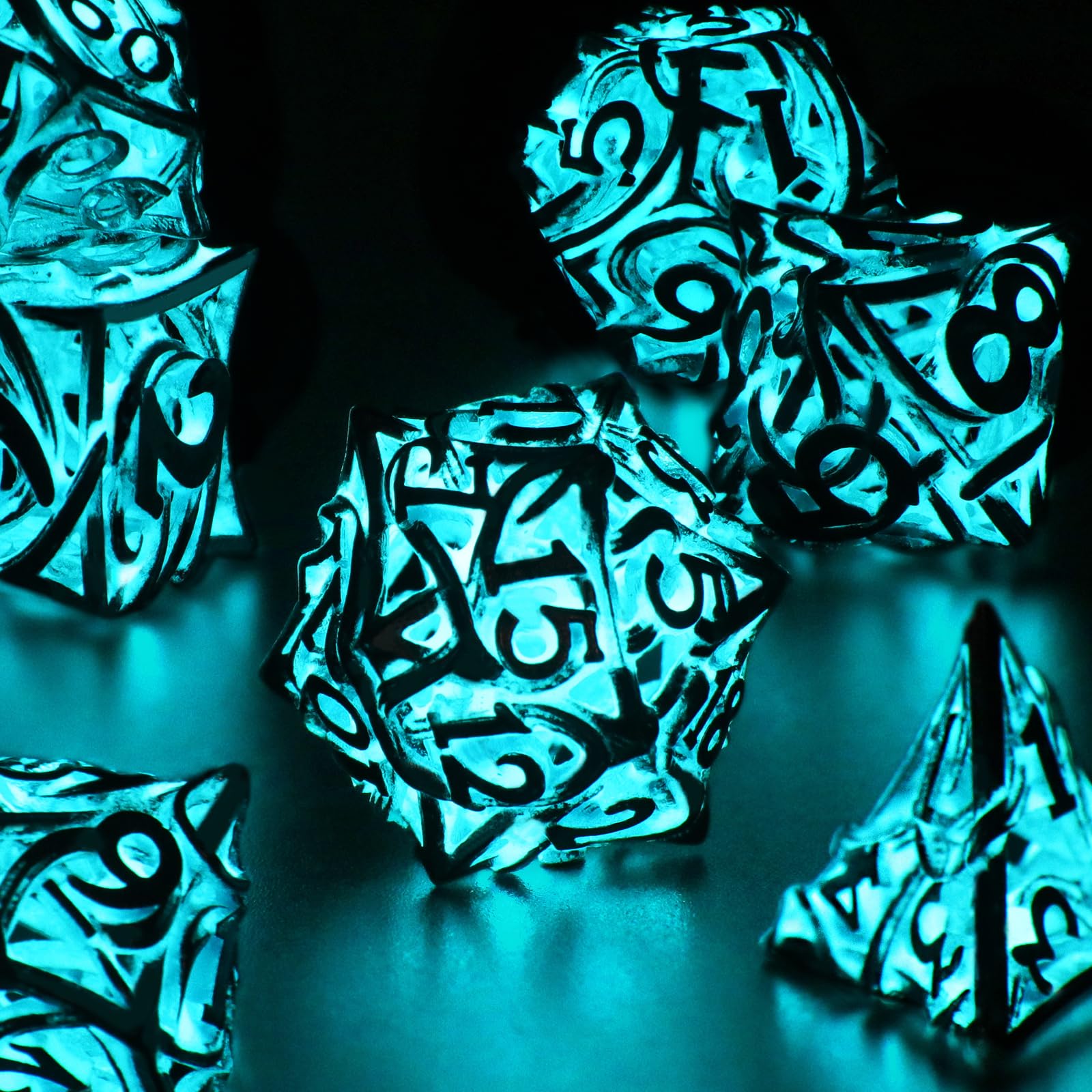 FONVGOGO Glow in The Dark Light up DND Dice Metal for Dungeons and Dragon 7 Polyhedral Dice Set Hollow Metal Vine D and D RPG Dice for Role Playing