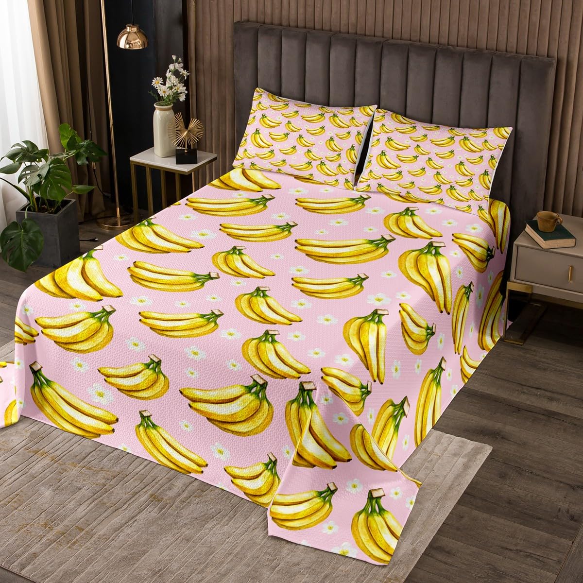 Erosebridal Banana Coverlet Set Twin Size Small Wild Flower Floral Bedspread Set for Kids Boys Girls Teens Kawaii Watercolor Fruit Bedspread Sets Banana Bed Sets