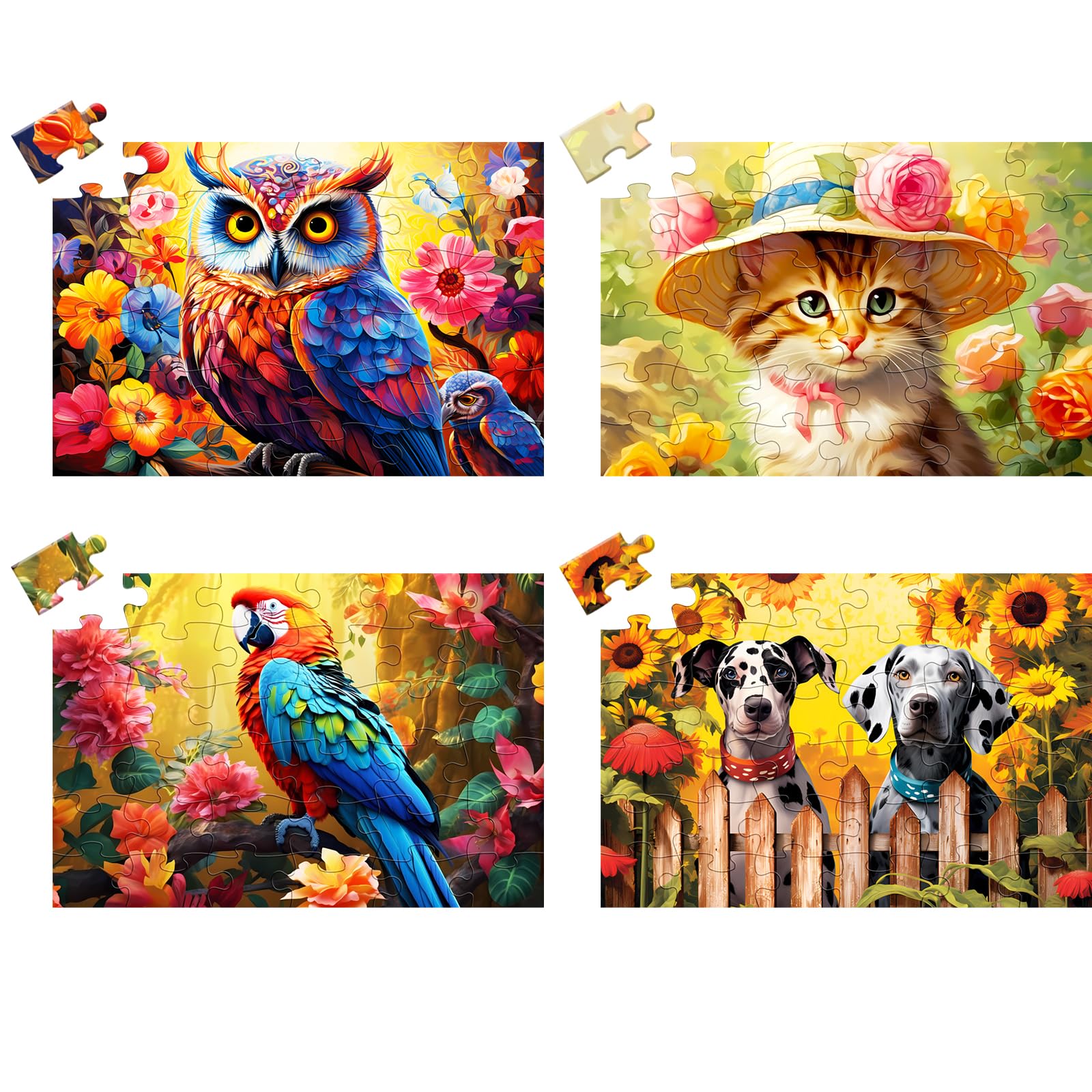 4 Pack Large Piece Puzzles For Seniors & Adults - 36 Piece Jigsaw Puzzles (Dogs, Cats, Birds, Fish) With Storage Bags