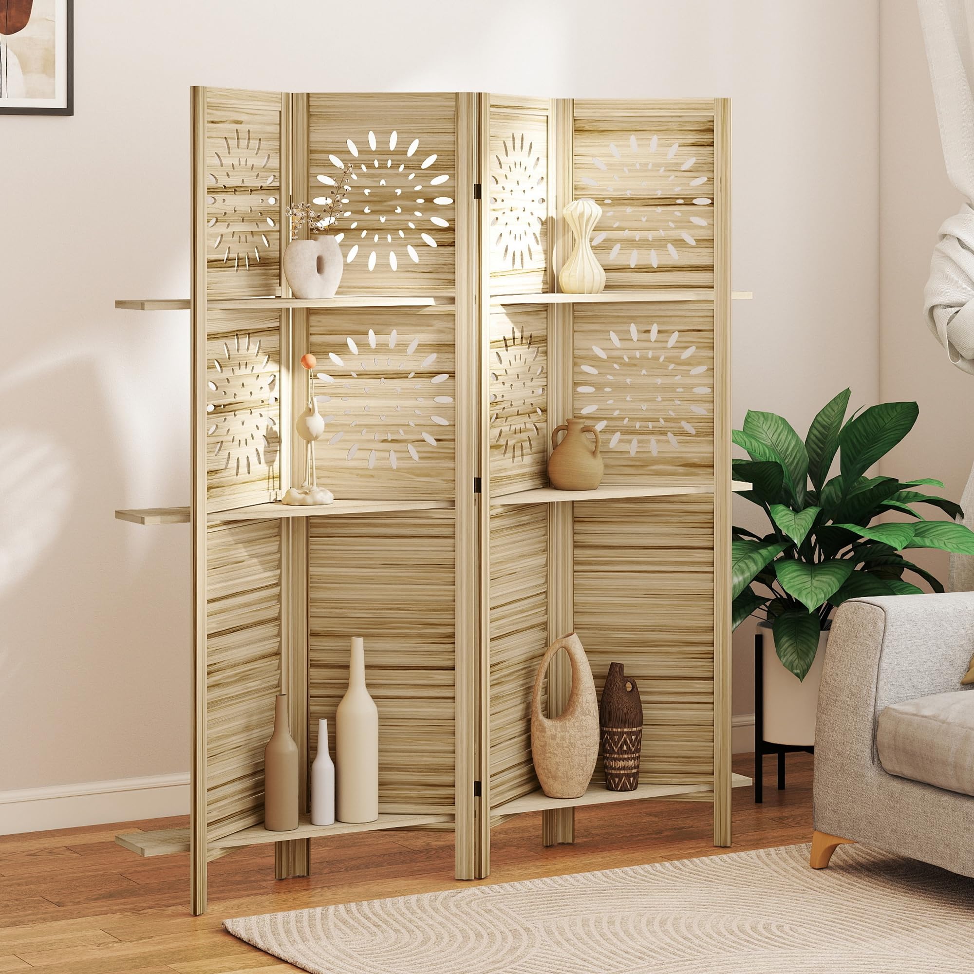 HOMCOM Paravent intérieur 4 Panneaux et 3 étagères, 160 x 170 cm, séparateur de pièce Pliable en Bois de Paulownia, cloison de séparation pour Salon, Chambre à Coucher, Maison, Bois Naturel