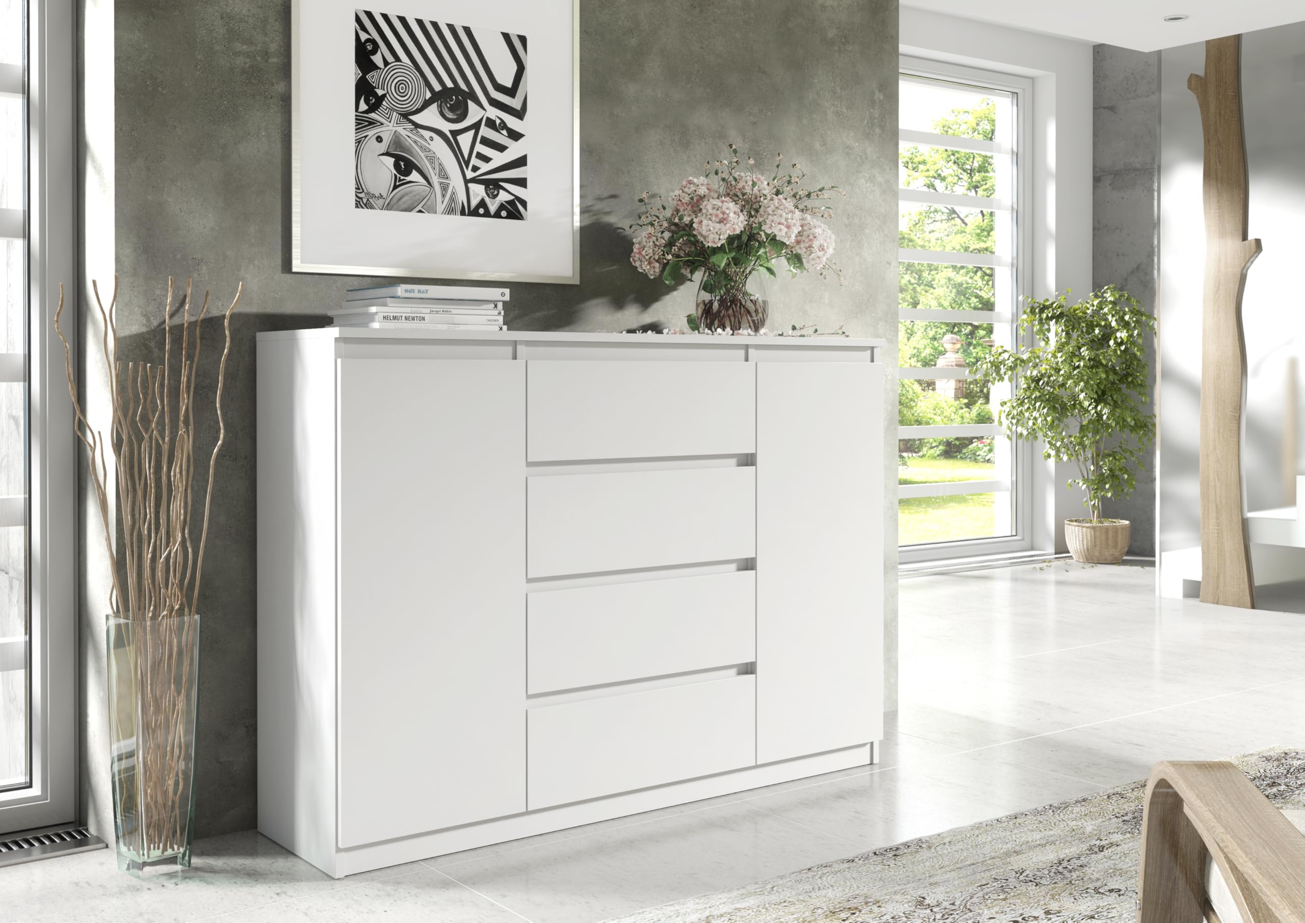 meble masztalerz Cassettiera con 4 cassetti e 2 ante - per la Camera da Letto e il Soggiorno - Mobili Salvaspazio 120 cm (Bianco Opaco)