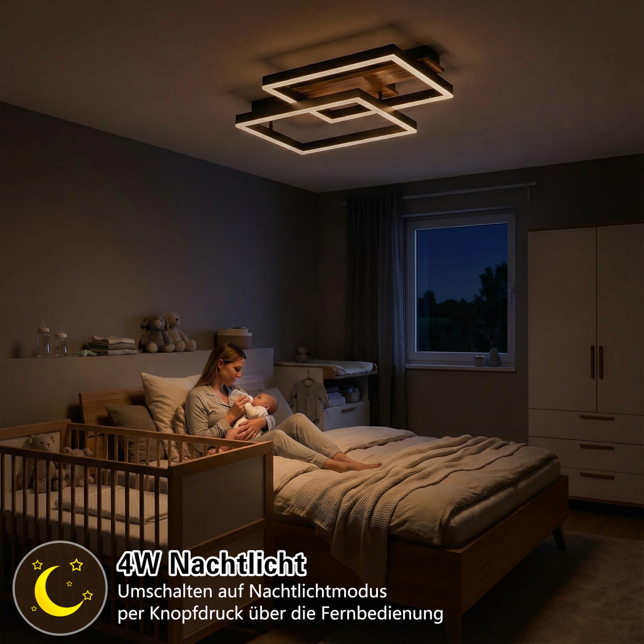 LED Deckenleuchte Holz dimmbar, Massivholz schwarz Rahmen Vintage Deckenlampe mit Fernbedienung, 40W 47cm 4000lm 3000-6000K, Schlafzimmerlampe, Wohnzimmerlampe, Memory Funktion 4W Nachtlicht