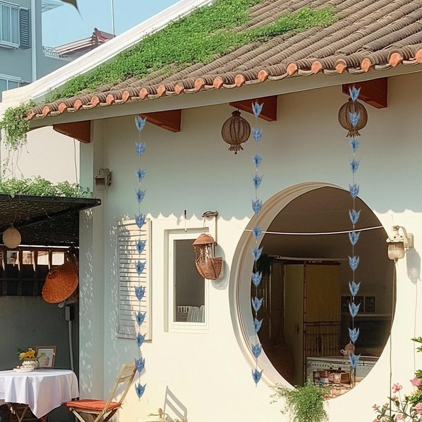 2,6M Catena Antipioggia, Catena Antipioggia per Grondaie Catena Antipioggia per Grondaie Catena Antipioggia A Forma di Foglia Blu Ferro Decorazione per Patio E Casa