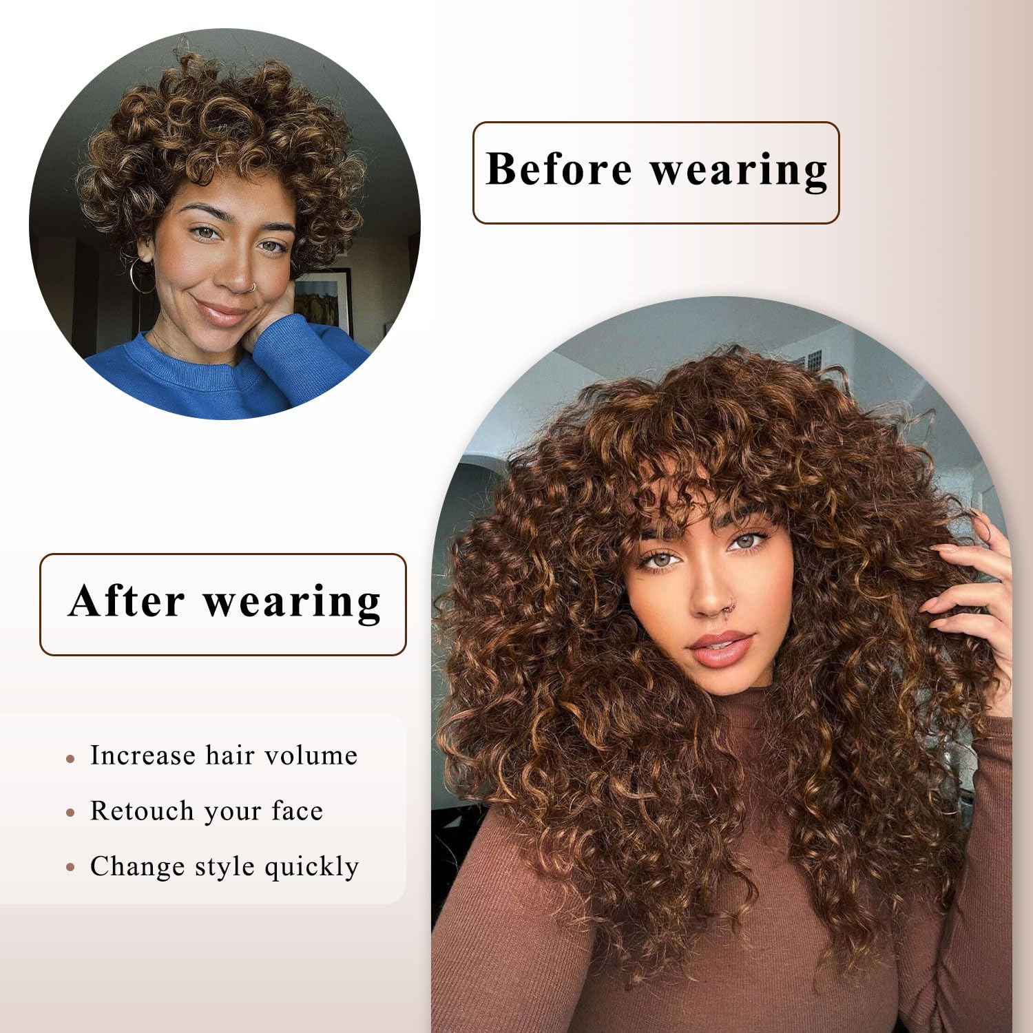 Lizzy 18Inch Curly Human Hair Wigs for Women with Bangs Bouncy Natural Curly Wig 180% Density Long Kinky Curly Hair for Daily Use (Highlight Mix Brown) - Image 2