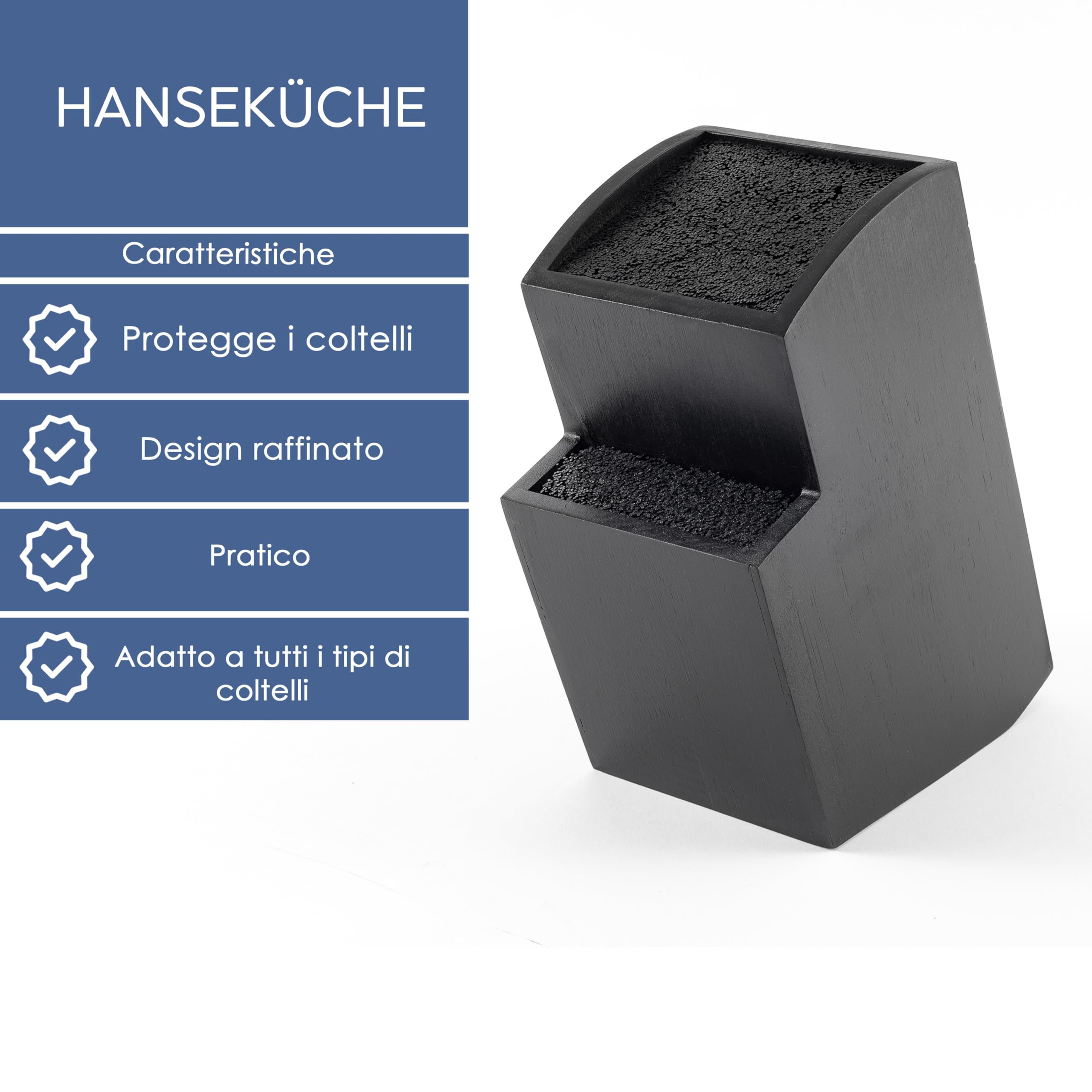 Hanseküche Ceppo portacoltelli - Portacoltelli senza coltelli in legno Tagliere (Bambù Nero, Quadrato Obliquo)