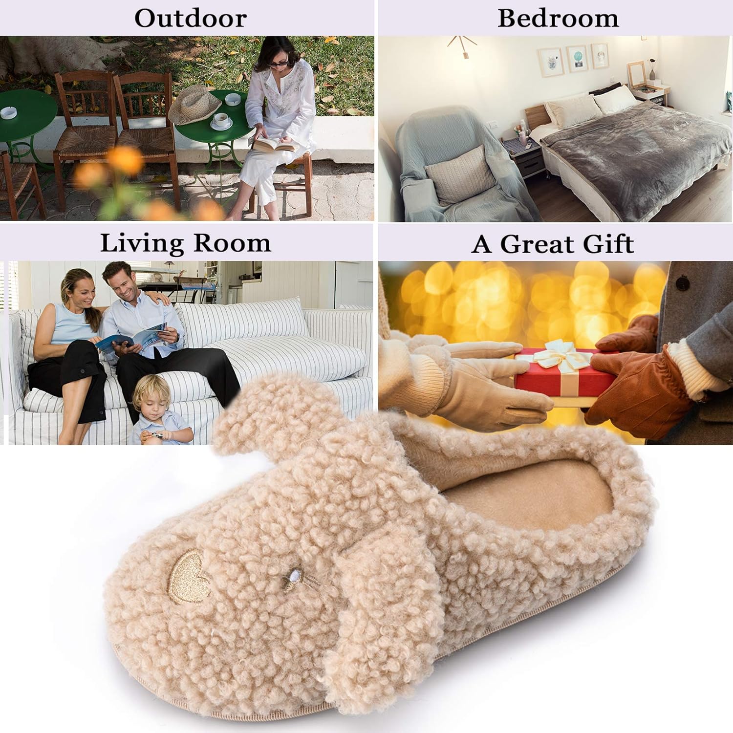 Women's Cute Animal Memory Foam Slippers, Warm Soft Comfy Cozy Funny Dog House Slippers for Lady Indoor, Fleece Fluffy Slip On Bedroom Winter Womens Slides with Anti-Skid Sole Pink Grey Beige - Image 6