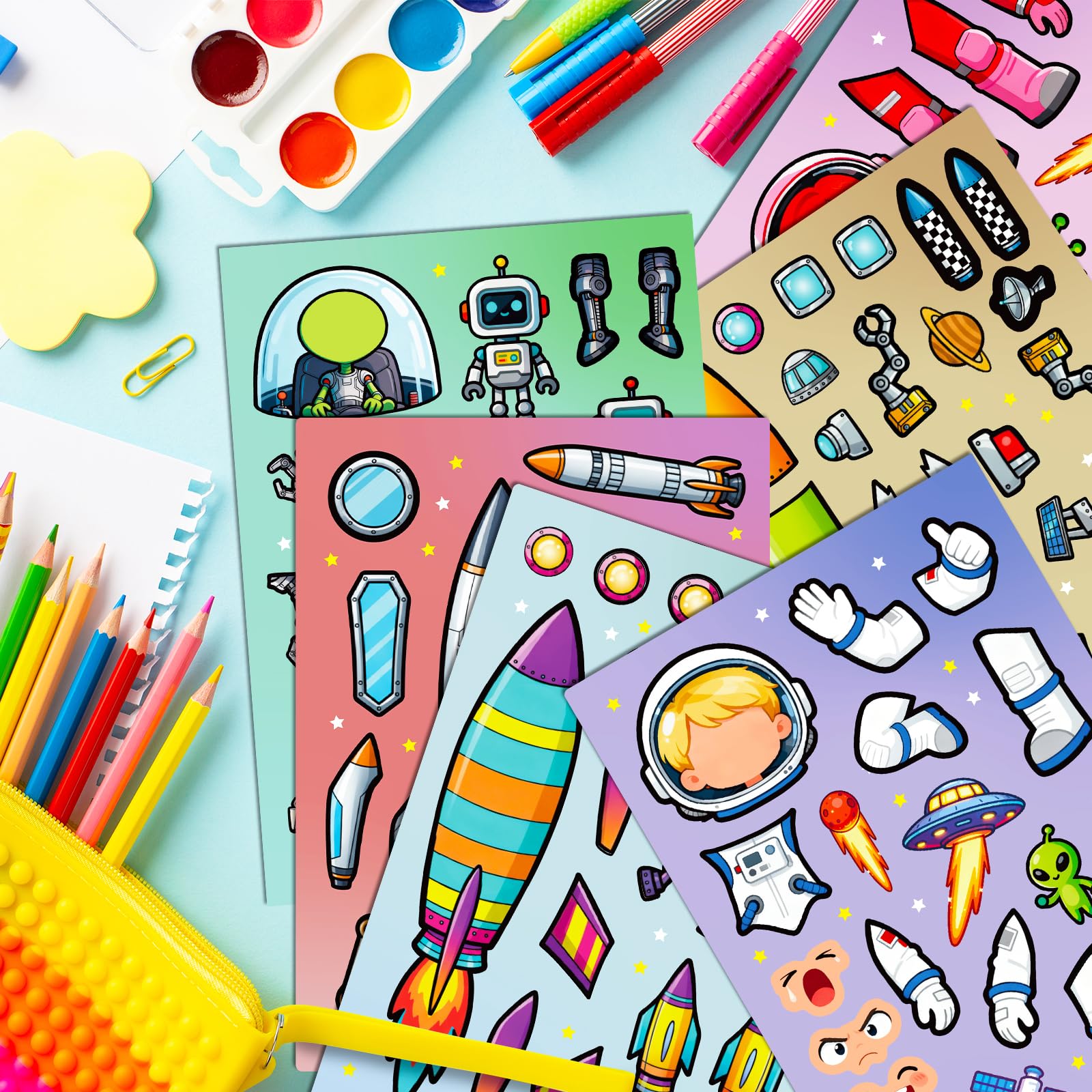 24 Sheets Make Your Own Stickers, Space Make-a-face Sticker Aliens, Astronauts, Spaceship DIY Craft Stickers for Party Decoration Reward — view 2