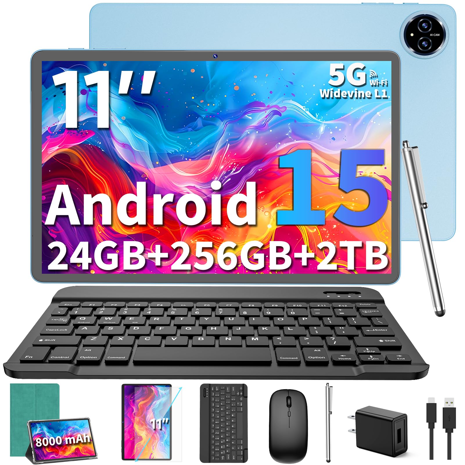 Android 15 Tablet, 2025 Upgraded 11 inch Android Tablets with Keyboard, 24GB+256GB+2TB Expand, Support Face Unlock+18W Fast Charging, Octa-Core CPU,Dual WiFi6, Dual Camera,8000mAh Battery, Green