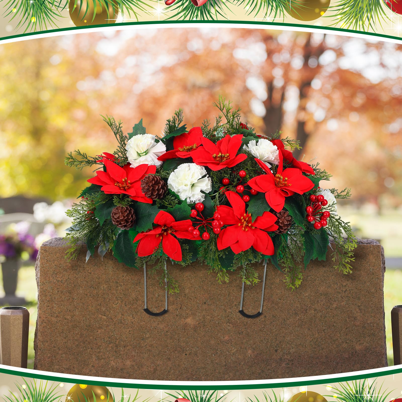 Fleurs Artificielles Pour Tombe Noël – Arrangement En Pot Avec Rouge-gorge, Poinsettia, Roses (25 Cm)