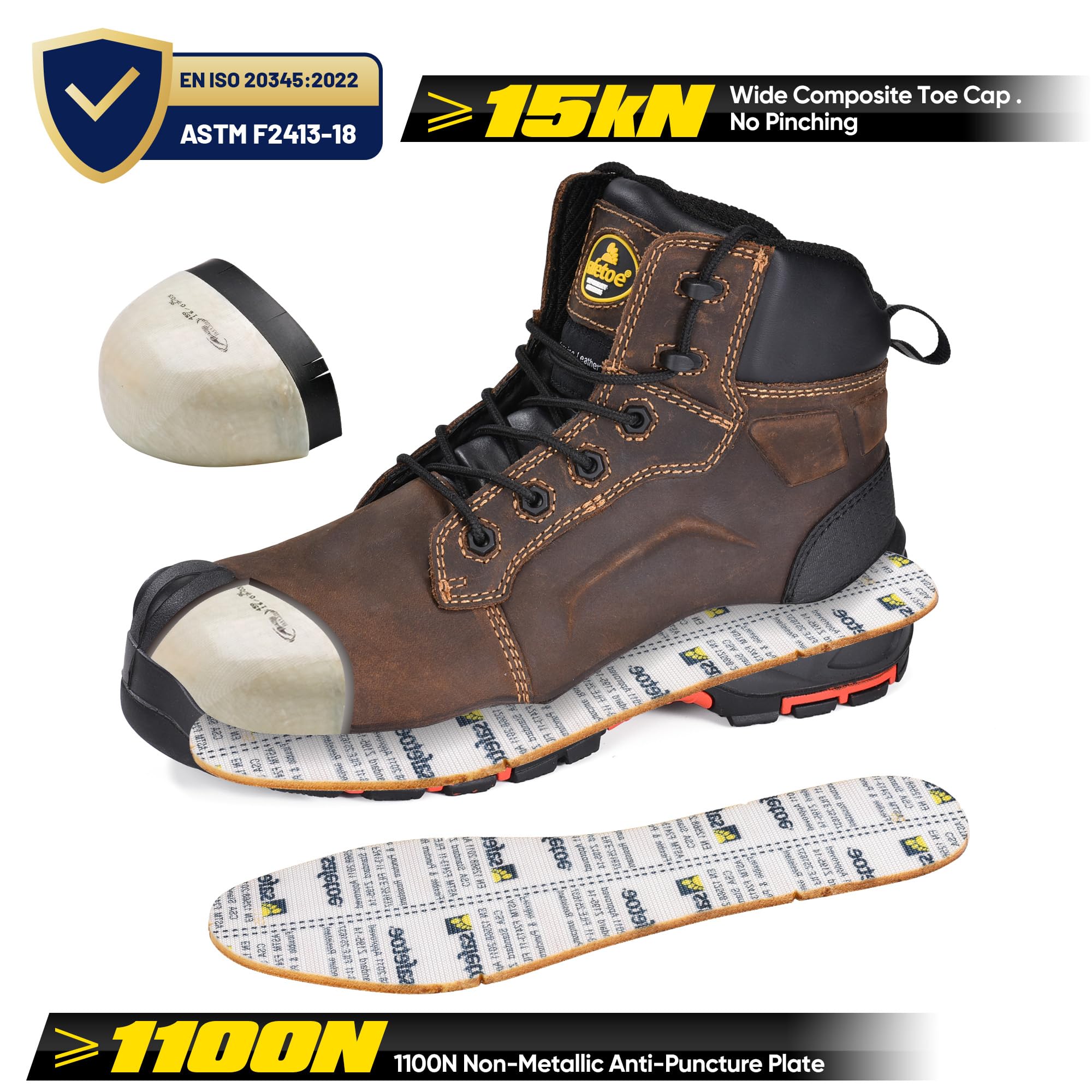 SAFETOE Sicherheitsstiefel M-8552 Herren Wide Fit Composite Toe Arbeitsstiefel ESD antistatisch wasserbeständiges Rindsleder Heavy Duty Anti-Nagel Composite Platte Anti-Rutsch Pu Gummisohle S3 SRC