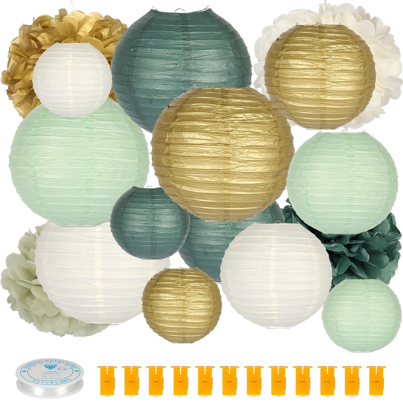 Bluaqua Paper Lanterns Party Decorations: Paper Lantern for Rustic Party Bridal Shower Wedding Sage Green Birthday Party Home Decor - 16pcs with12 LED Lights