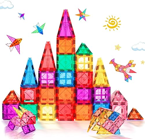 Vista 14 de Juego de 132 azulejos magnéticos con 2 autos de lujo, bloques de construcción magnéticos 3D, juguetes STEM magnéticos preescolares, juguetes