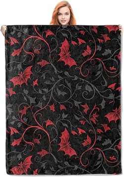 Enchanted Autumn Leaves Fleece Blanket Gifts, Elegant Red and Black Bat Design, Cozy Throw 50x60 inches, Halloween Decor