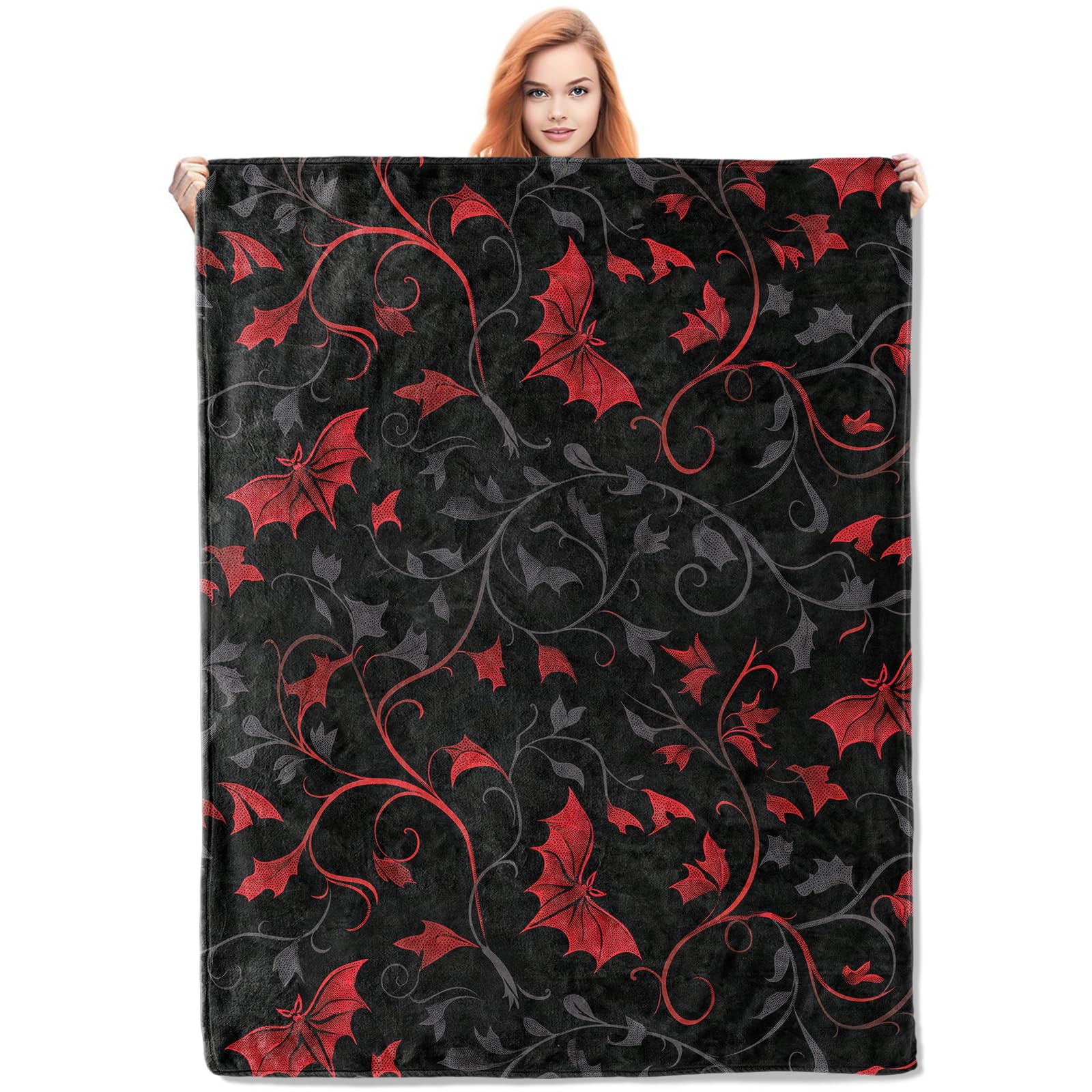 Décoration d'Halloween : couverture polaire feuilles d'automne et chauve-souris rouge