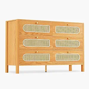 DWVO Buffet Cabinet Rattan - with 6 Wood Storage Drawer TV Stand Coffee Bar with Golden Handles for Living Room/Dining Room/Entryway-Natural