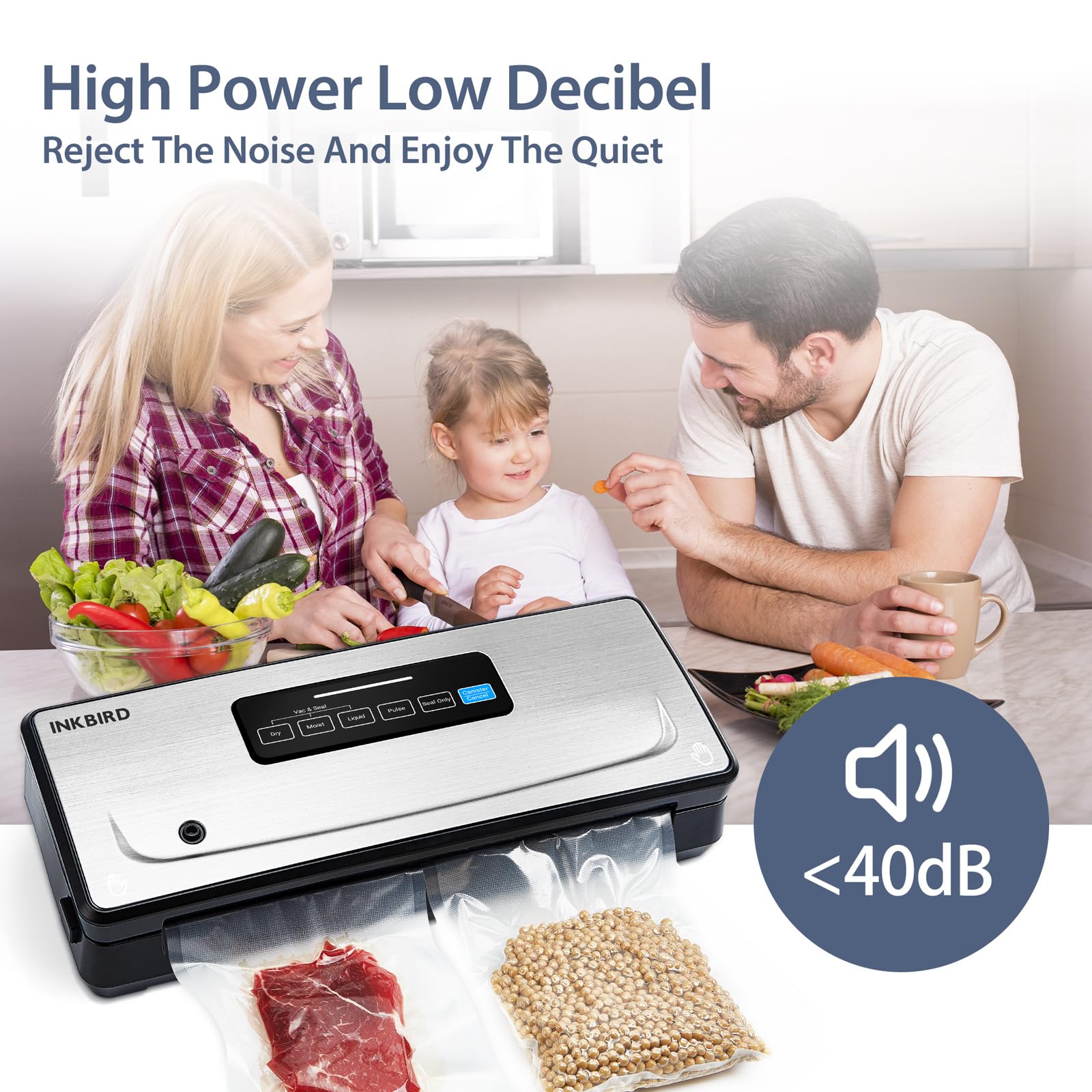 INKBIRD INK-VS02 Macchina Sottovuoto Alimenti 85kPa Efficiente, 5 Modalità | secco/umido/impulsi/sigillato/vuoto esterno, -85 kpa aspirazione, 200 sigillature, anti-surchauffe, silenzioso, taglierina