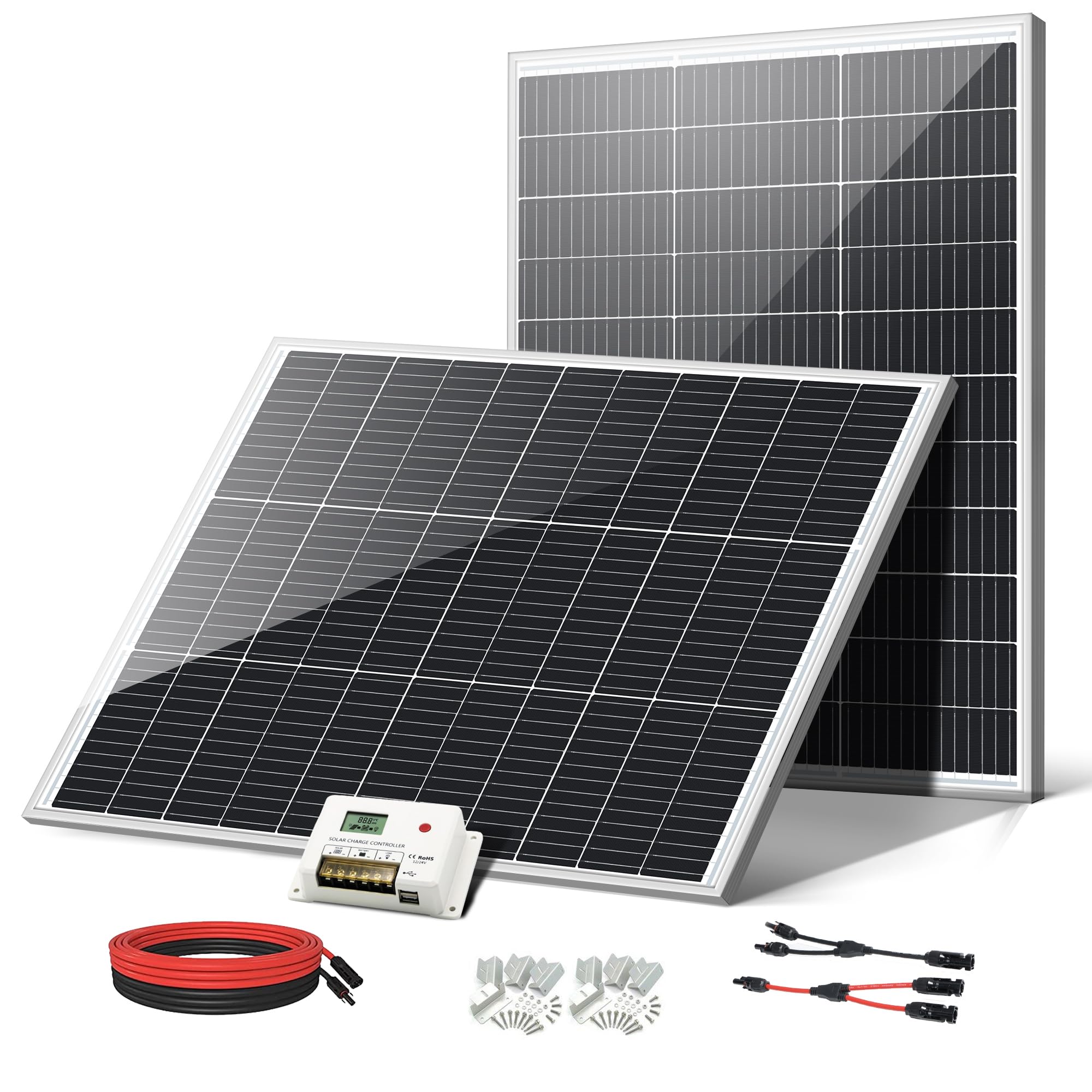 LVYUAN Long Life! Durability! 200 W PERC High Performance Monocrystalline Solar Panel, Next Generation Type, Fully Parallel, 100W x 2 Panels, Set of 2, Solar Panel, 100W Solar Panel, 20A Controller,