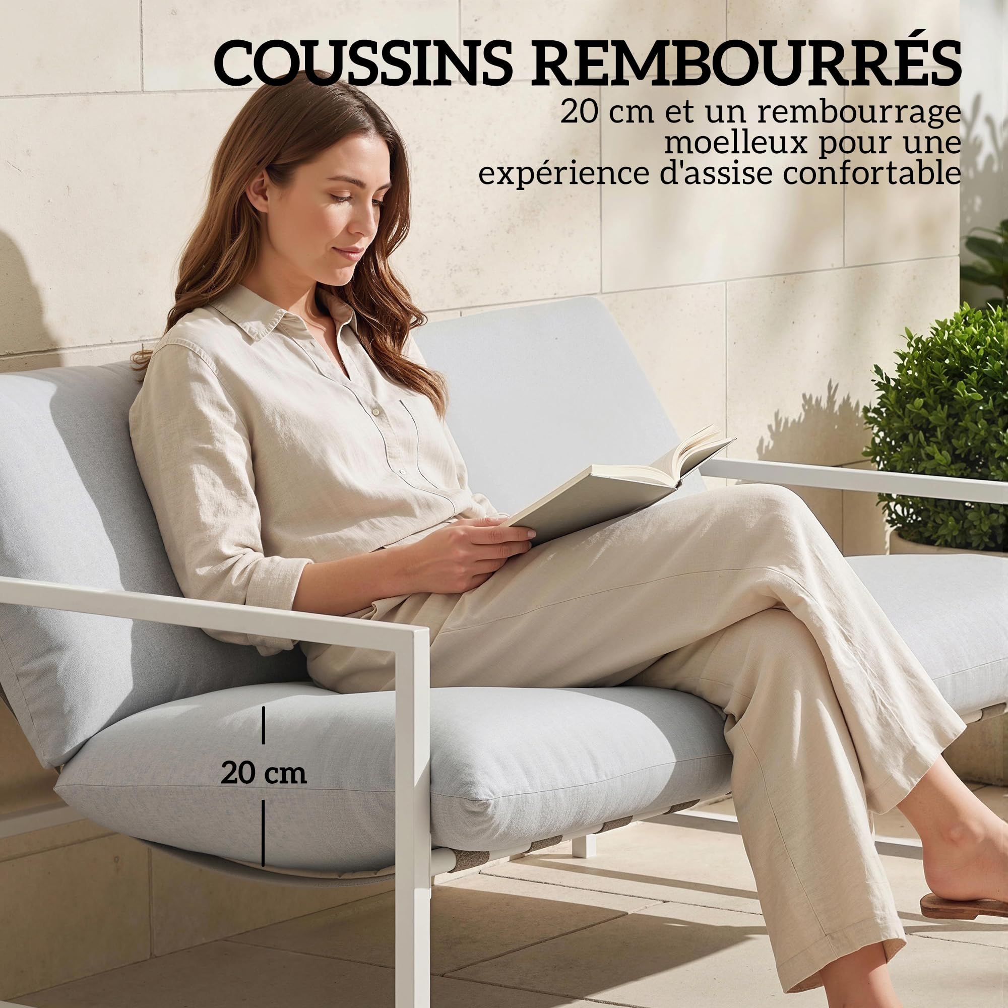 Outsunny Salon de Jardin Extérieur 2 Pièces, Canapé 2 Places avec 2 Coussins et Table Basse en Verre Trempé Marbré 3D, Mobilier de Jardin pour Terrasse Balcon Jardin, Acier, Gris Clair