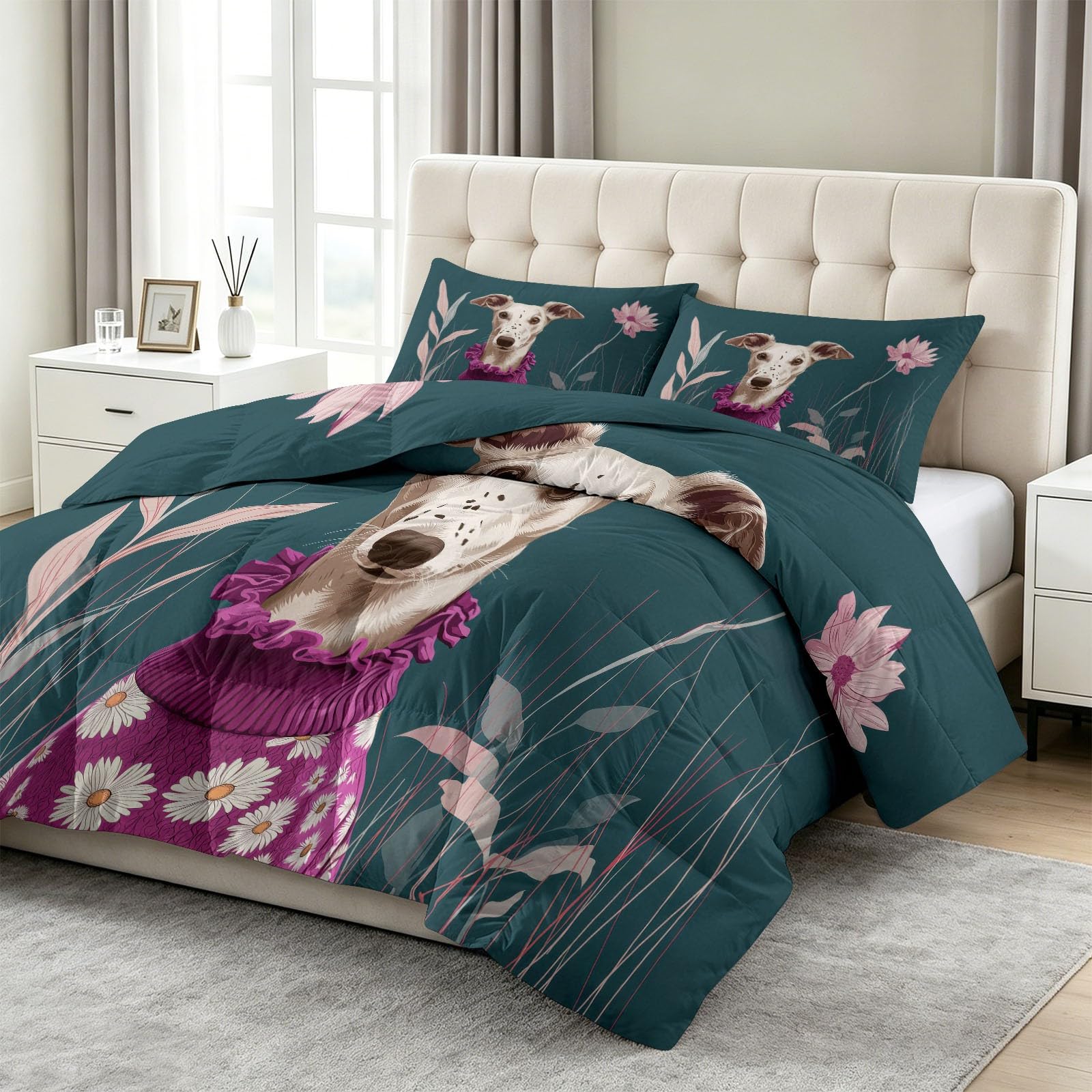 Tutte le stagioni - Piumino 240 x 260 cm, con motivo animale, fiori trapuntato, lussuoso e morbido, in piumino e piume, traspirante, lavabile in lavatrice, ipoallergenico, buon sonno, blu scuro
