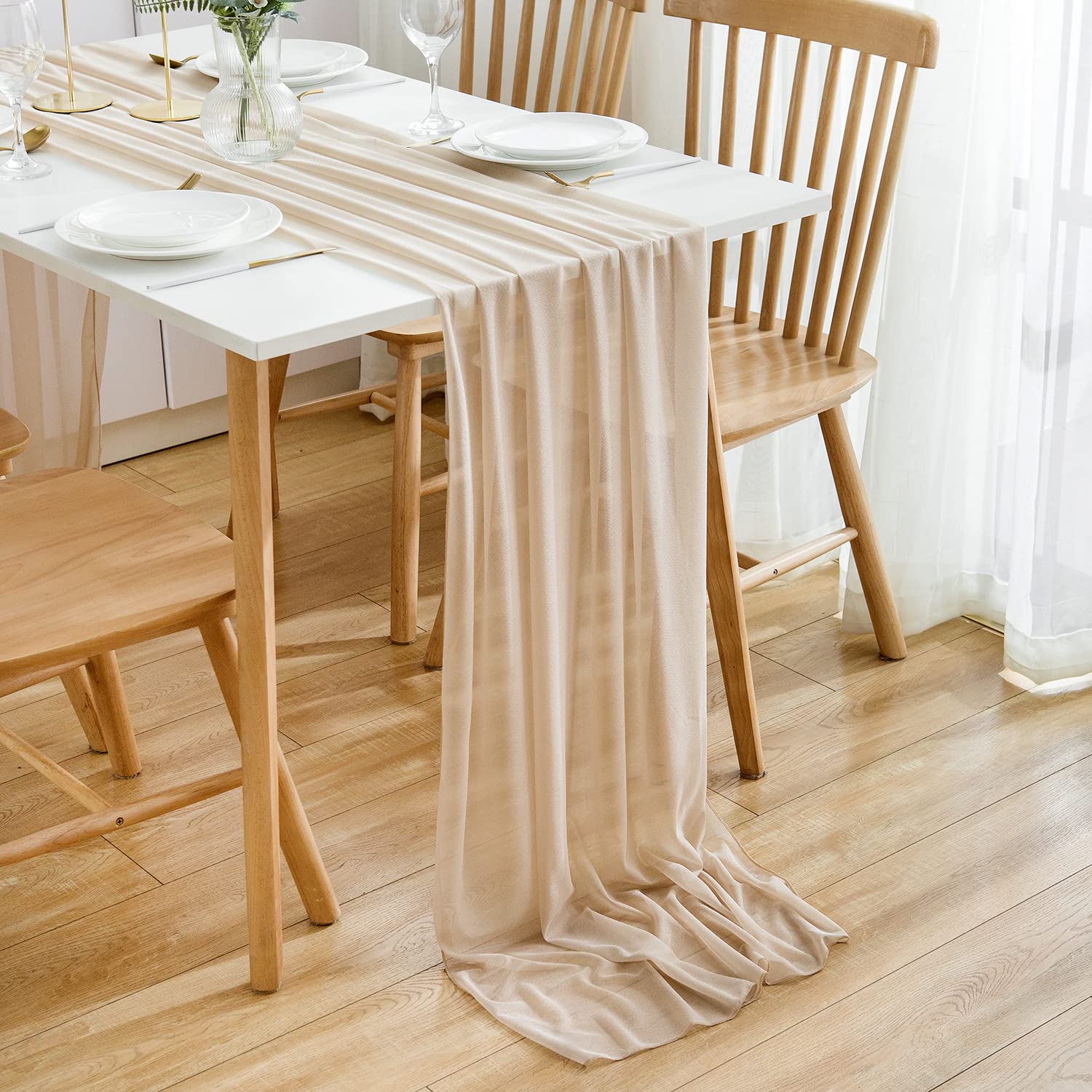 10 Stück Champagner Chiffon Tischläufer 75x300cm Romantischer Tischläufer Hochzeits, Glitzer Tüllstoff Tisch Läufer, Party Tischdekoration für Hochzeit, Geburtstagsfeier, Braut- und Babyparty