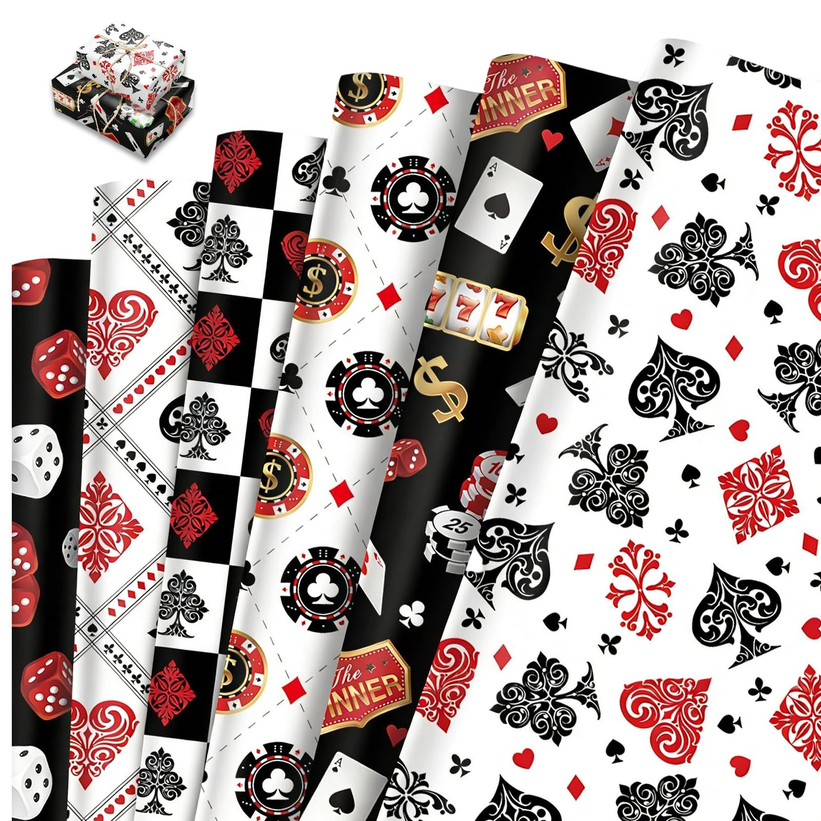 12 PCS Playing Cards Wrapping Paper, Playing Card Theme Gift Wrap for Adults, Birthday Wrapping Paper, Kraft Paper for Gifts, Party Decor, Game Night Supplies