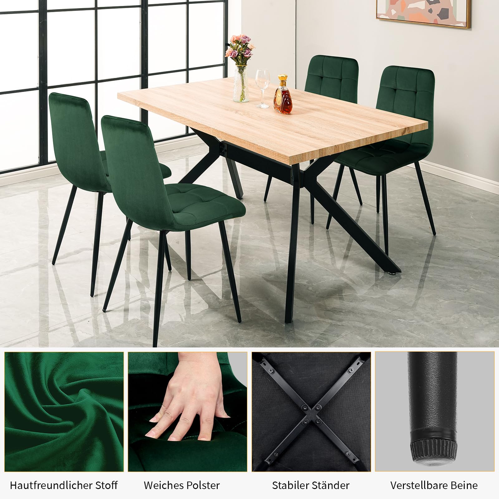 4er Set Esszimmerstühle Samtstoff Ergonomisches Gepolsterte