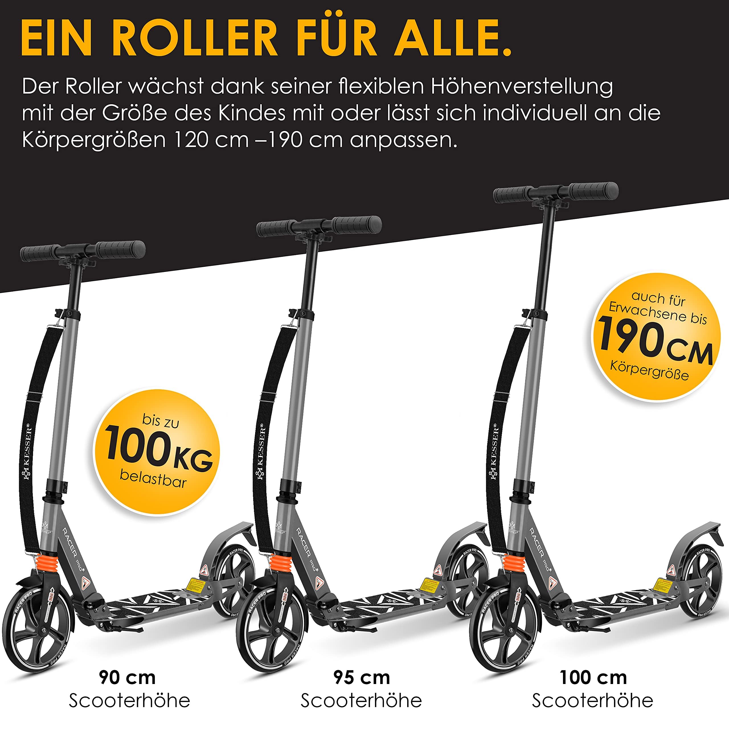 KESSER® Monopattino Cityroller Scooter Ruote da 205 mm PU Big Wheel - PRO-S con Doppia Sospensione, Scooter da Città Pieghevole e Regolabile in Altezza, Monopattino per Adulti e Bambini