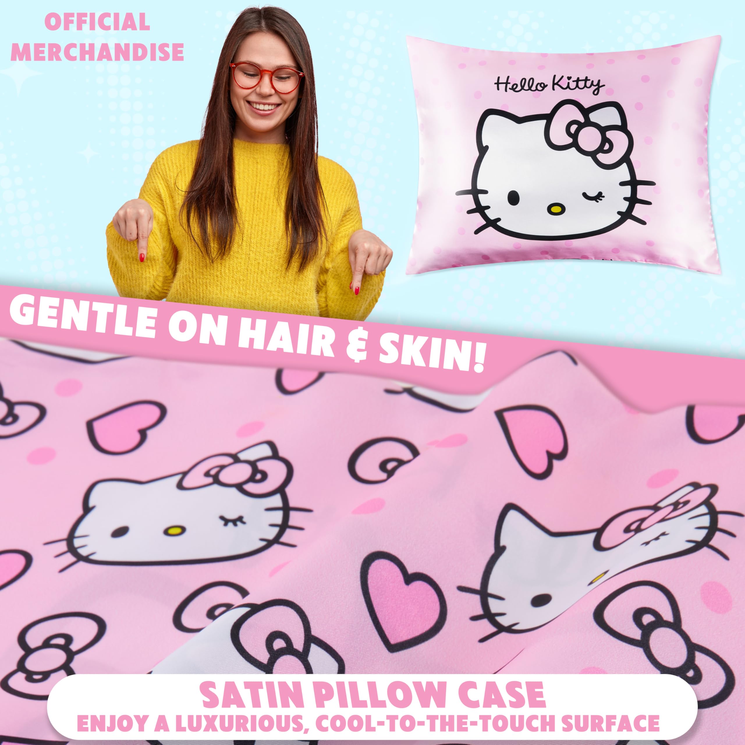 Hello Kitty Federa Raso Cuscino Capelli Benefici per la Pelle di Ragazze Adolescenti Donna 48x66cm Kawaii Decori Camera da Letto, Idee Regalo