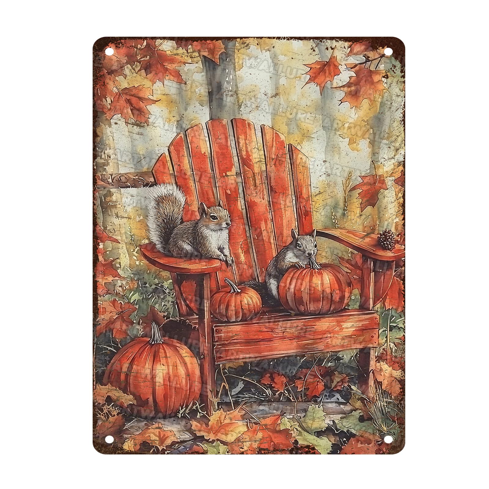 Autumn Fall Pumpkin Squirrel Vintage Tin Sign Thanksgiving Autumn Fall Pumpkins Thanksgiving Day Metal Tin Sign for Pub Club Cafe bar Home Wall Art Decoration Poster 12x16inch