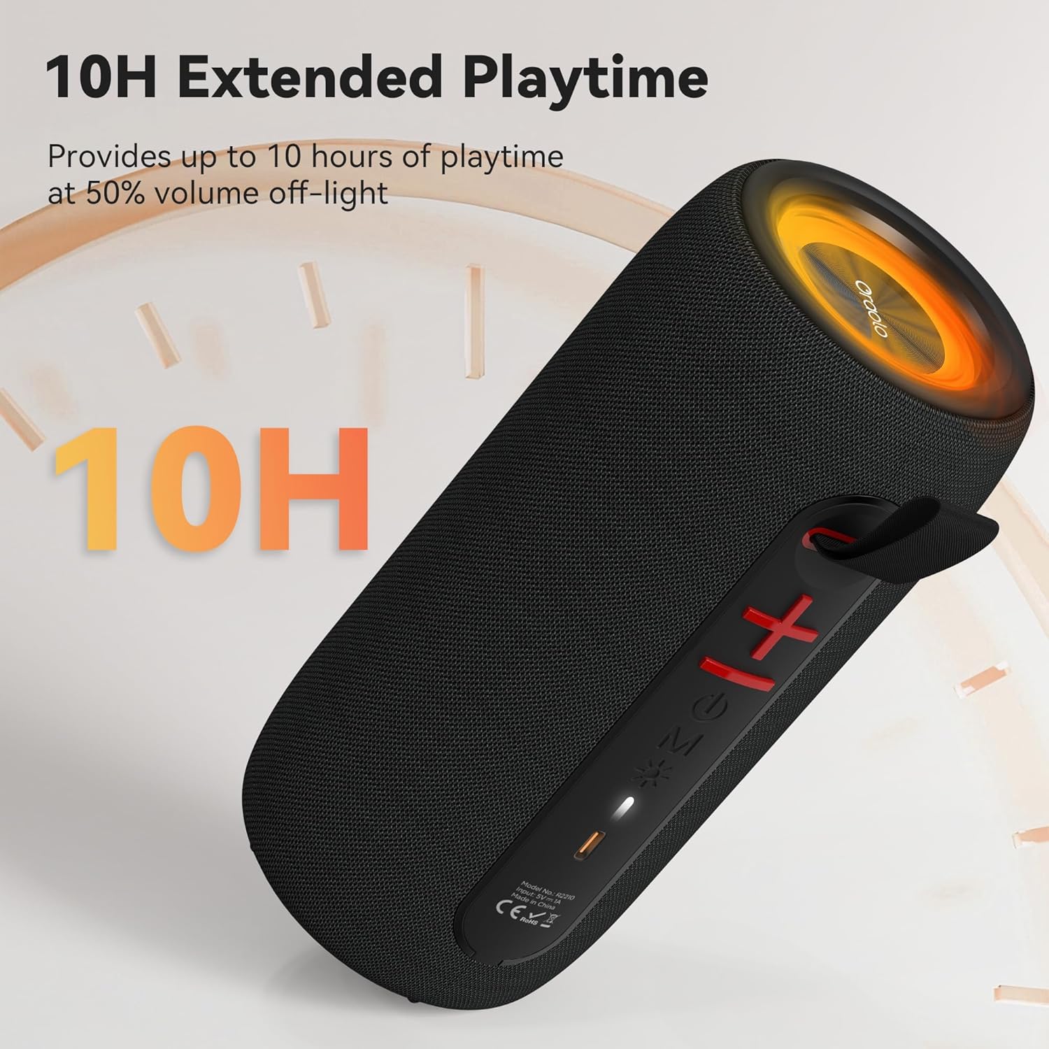 Oraolo BS02 speaker indicating 10 hours of extended playtime