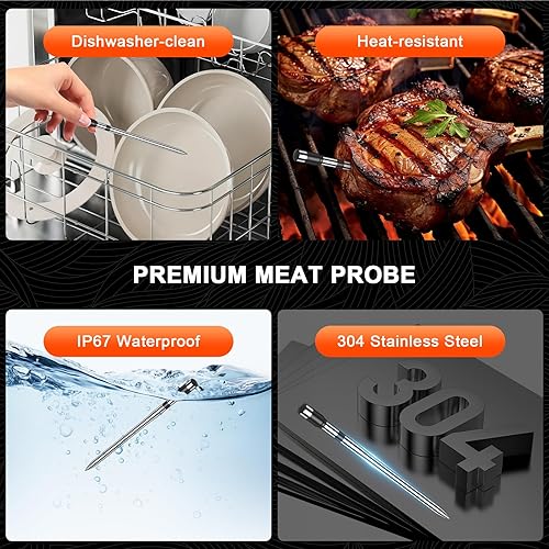 Miniatura 8 de Termómetro inalámbrico para carne, termómetro digital de lectura instantánea para alimentos, sonda de sensor dual de 4 x 0.19 pulgadas, Bluetooth