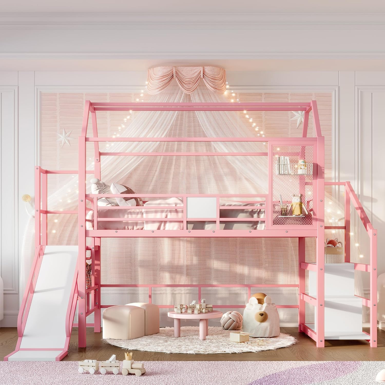 Twin Loft Bed with Slide and Stairs, Metal House Loft Bed Frame with Storage Shelves, Heavy Duty Playhouse Bunk Bed for Kids, Space-Saving, Noise-Free, No Box Spring Needed, Pink