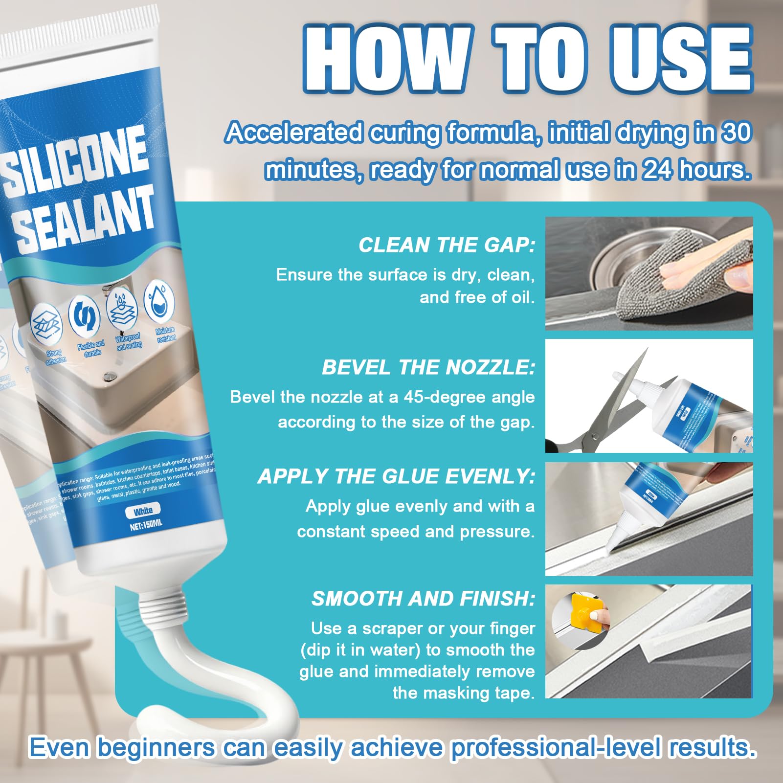 ALLONY Silicone Bianco, Silicone Doccia, Sigillante Bianco Bagni Cucine, Impermeabile, Flessibile e a Lunga Durata, Cucina e Bagno Vari Giunti di Piani di Lavoro, Fughe Piastrelle, 150ML