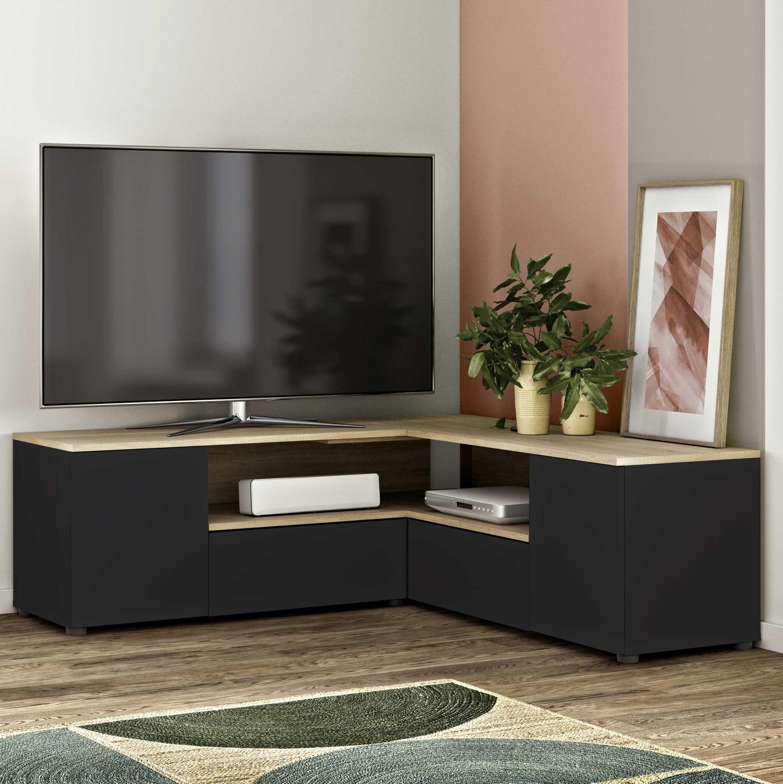 Symbiosis Angle, Tavolino porta tv angolare, Nero e Rovere Naturale 130x130.05x45 cm
