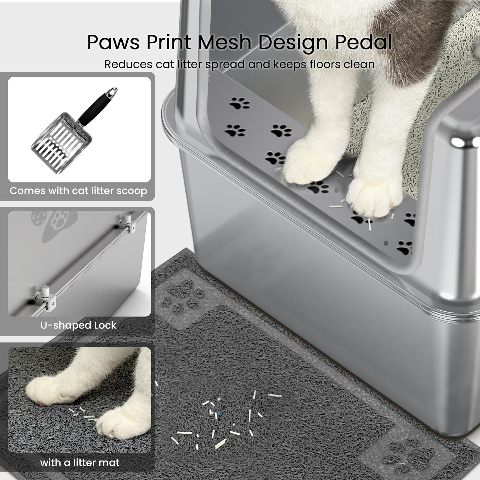 Enclosed Stainless Steel Cat Litter Box with Lid, Metal Litter Box for Big Cats, Extra Large Cat Toilet with High Side, Non-Stick, Anti-Leakage, Odorless, with Cats Litter Mat & Litter Scoop - image 5