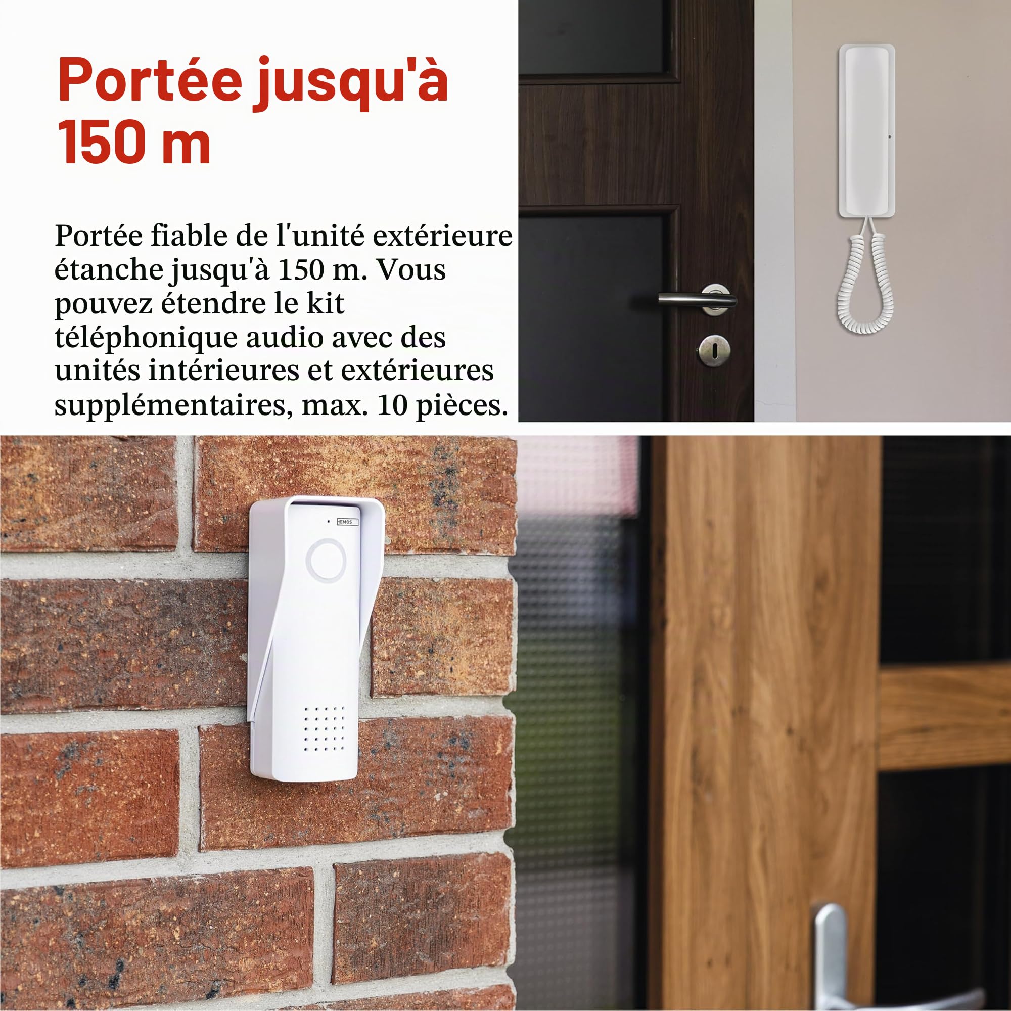 EMOS - Kit d'interphone Audio sans Fil - Connexion sans Fil - Design élégant - Kit Audio/interphone avec possibilité d'ouvre-Porte - Facile à Utiliser - Prise d'alimentation (230V/12V) - Blanc