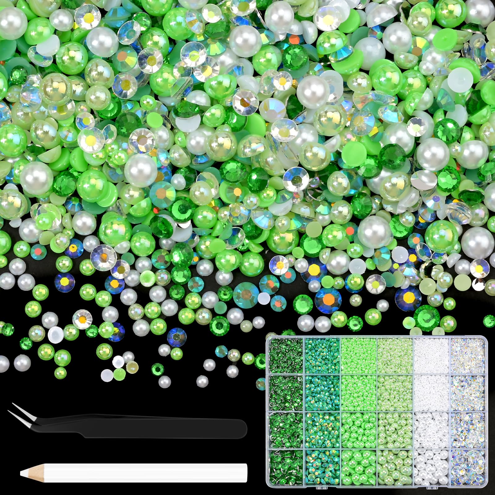 NACHLYNN 10000 Pcs Rhinestones and Pearls 3-8mm Half Pearl Bead Resin Rhinestones Kits Comes with Jewelry Pen and Tweezers Suitable for Nail Art Clothing Handmade DIY Decoration (Green)