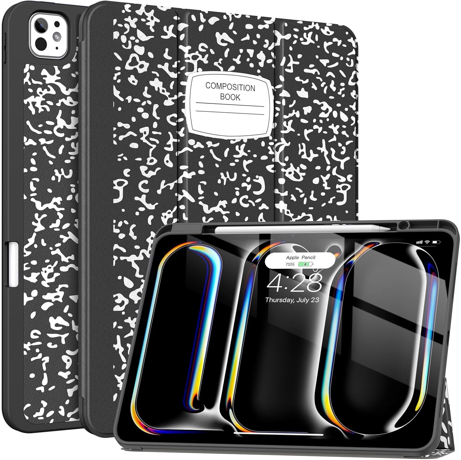 Soke Case for New iPad Pro 13 Inch (M5/M4, 2025/2024 Release), with Pencil Holder Trifold Stand Shockproof [Support Apple Pencil Charging + Auto Wake/Sleep], Soft TPU Back Cover, Book Black
