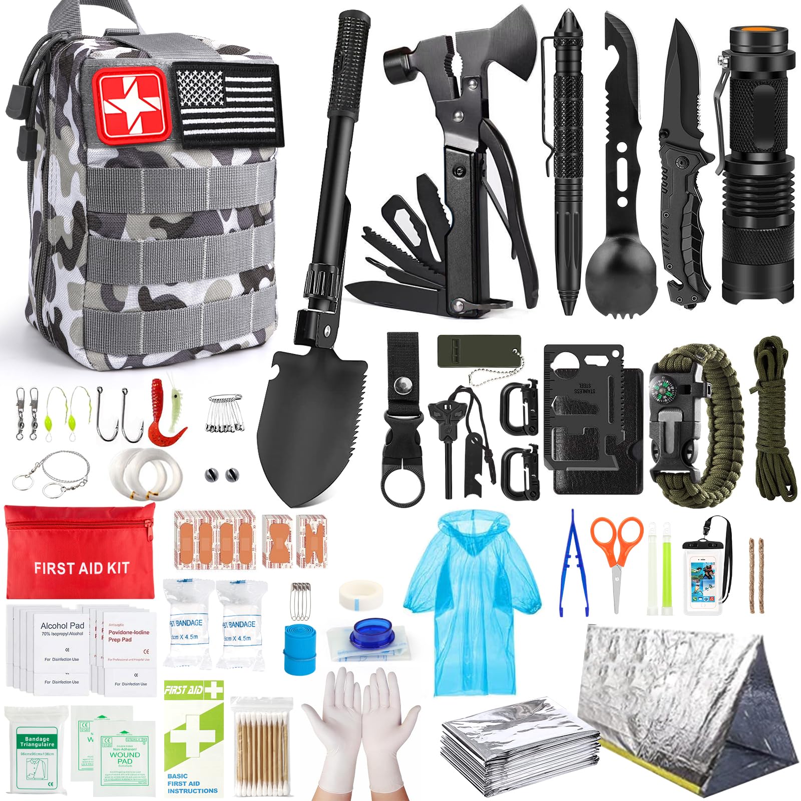 Survival Kits,222 PCS Emergency Survival Gear First Aid Kits with Molle System Compatible Bag Outdoor Camping Gear Emergency Kits for Hunting,Hiking,Fishing, Gifts for Men Women