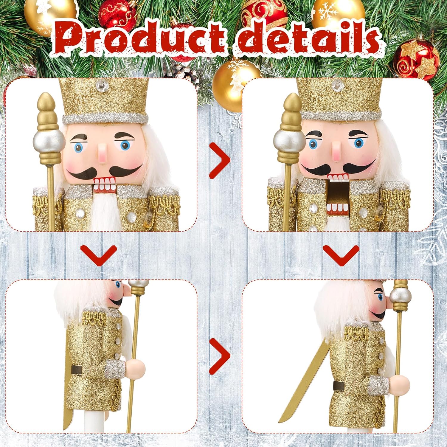 Suzile 4 Pcs 12 Inch Nutcracker Christmas Decorations Pink Blue Christmas Decor Pastel Nutcracker Sliver Gold Wooden Figures Glitter Collectible Docor for Xmas Gifts Table Party