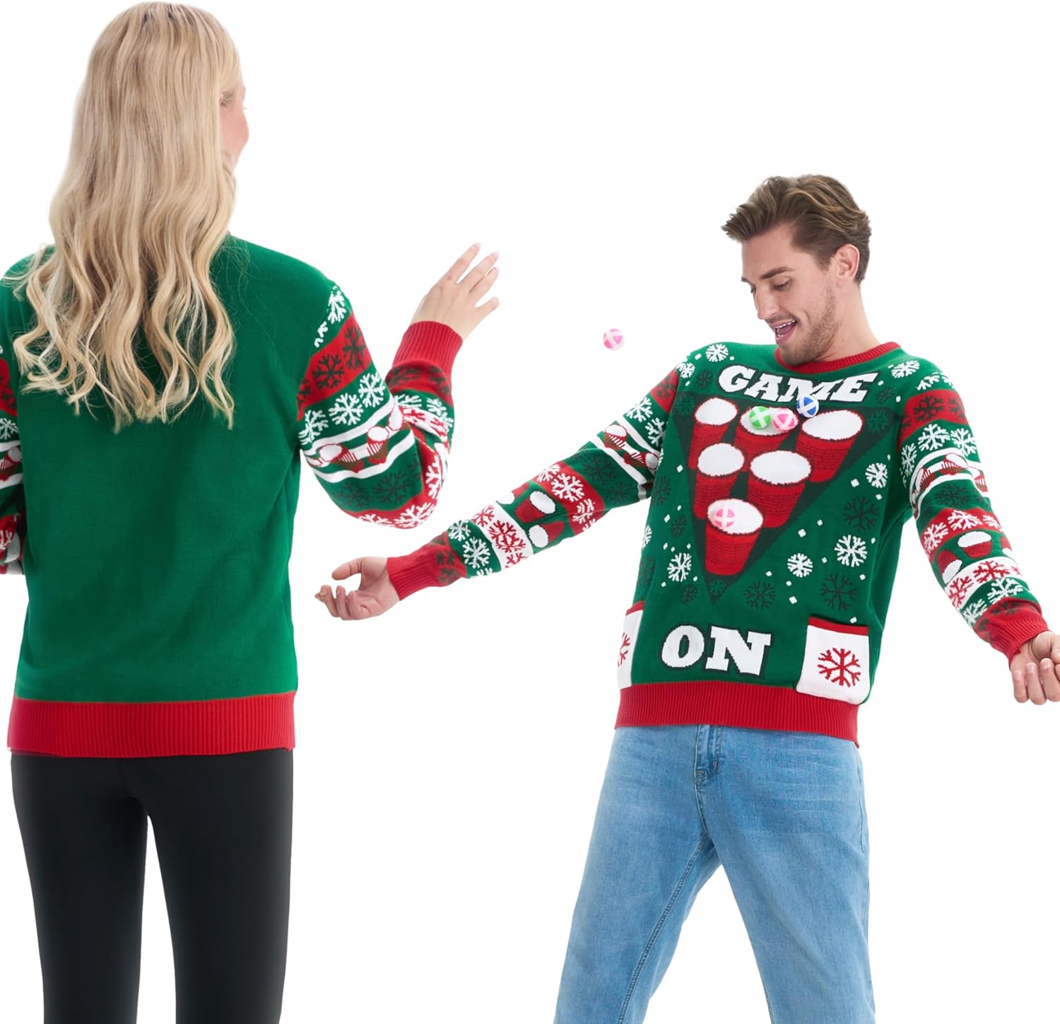 Giggling Getup Ugly Christmas Sweater with Light, LED Ugly Christmas Sweater for Women Men Kids 2025 Cheer Pong Game（Green