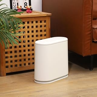 Slim Plastic Trash Can12 Liter 3.17 Gallon Garbage Can with Press Top Lid,White Modern Waste Basket for Bathroom,Living Room,Office and Kitchen (White)