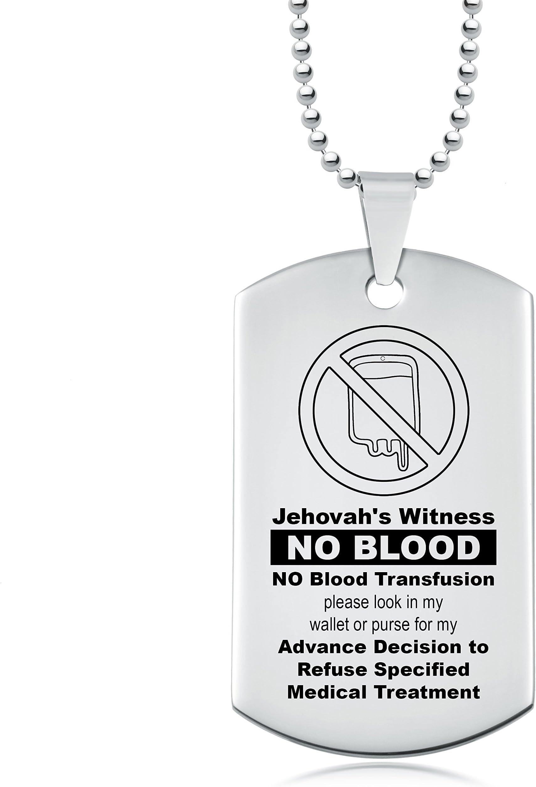 Jehovah's Witness, No Blood Transfusion Dog Tag, Stainless Steel