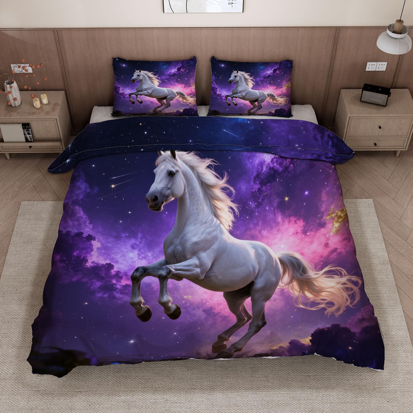 Wendebettwäsche Pferd 220x240 3teilig mit 2 Kissenbezug 80x80（WJT 4-1） | Sommer Bettwäsche Sternenhimmel Bettbezüge Set mit Reißverschluss Weich Mikrofaser Winter Bettwaren